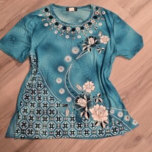 Teal Floral Embroidered Short-Sleeve Tee